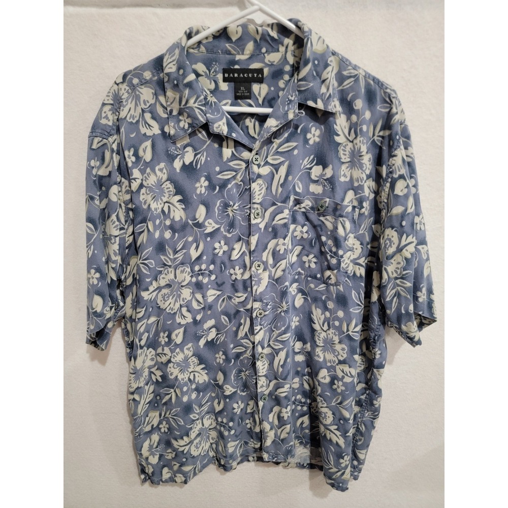 Baracuta 100% Silk Hawaiian Shirt XL Men's Blue Floral Aloha Camp Tiki Vintage‎